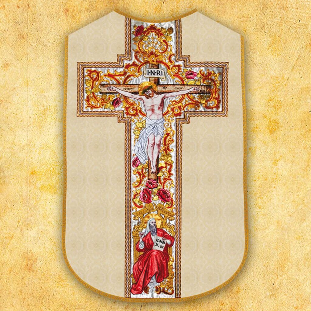 Casulla romana réplica Jesús en la Cruz