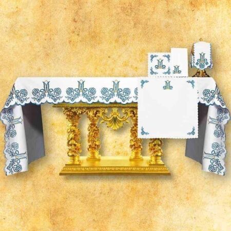 Mantel de altar Mariano con bordado en tonos dorados y azules