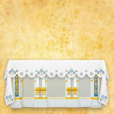 Mantel de altar Mariano con bordado en tonos dorados y azules