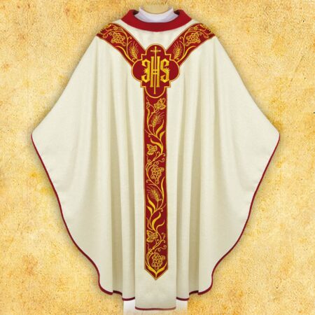 Casulla bordada litúrgica en color ecru con síVirgen Maríaolo IHS