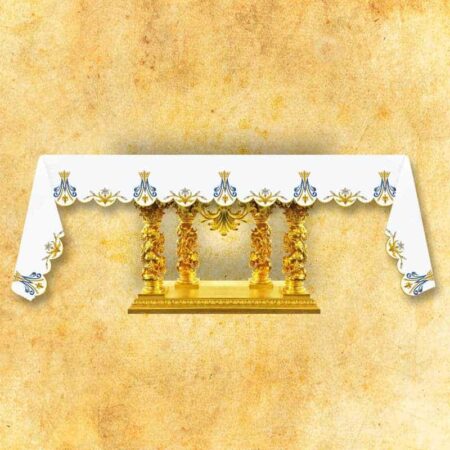 Mantel de altar Mariano con bordado en tonos dorados y azules