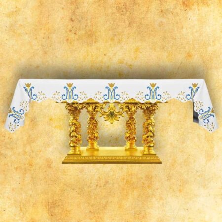 Mantel de altar Mariano con bordado en tonos dorados y azules
