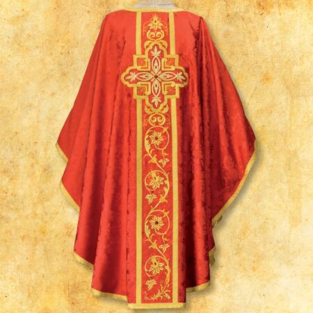 Casulla litúrgica roja con IHS