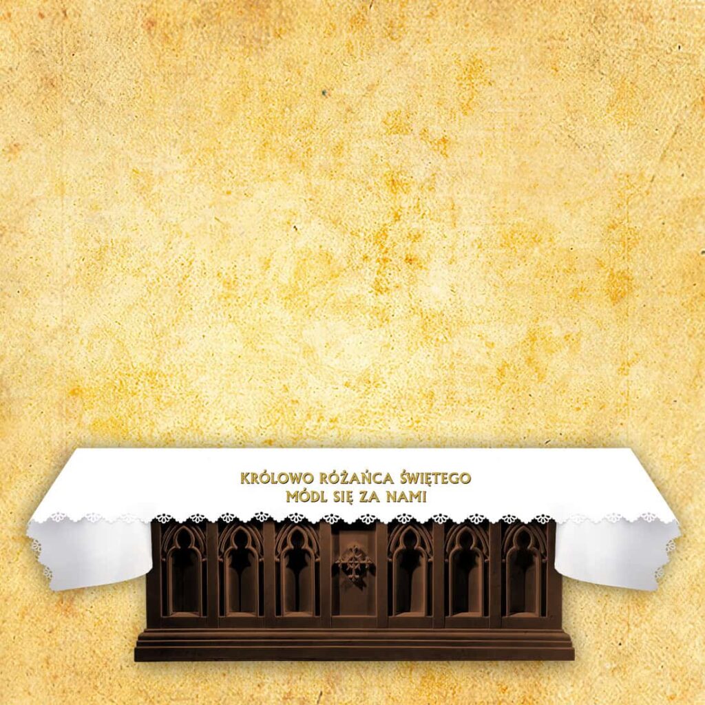 Mantel de altar calado "Królowo Różańca Świętego Módl Się Za Nami" Mantel de altar calado "Królowo Różańca Świętego Módl Się Za Nami"