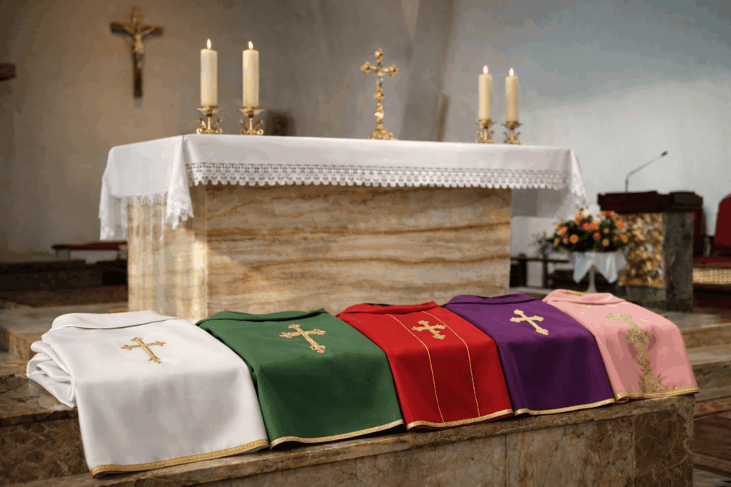 Ornamentos litúrgicos en los colores del año litúrgico sobre el altar