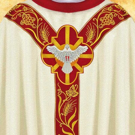 Casulla litúrgica ecru con bordado del Espíritu Santo