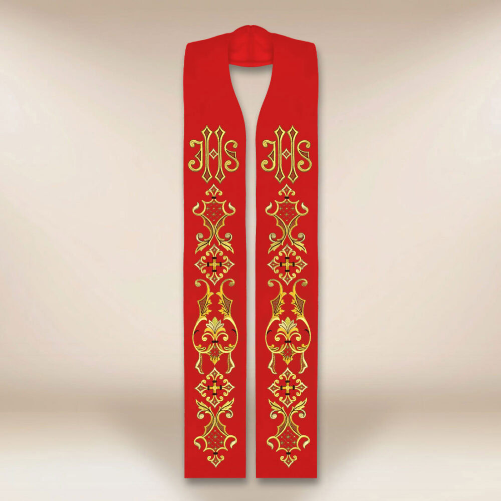 Estola litúrgica roja bordada con IHS