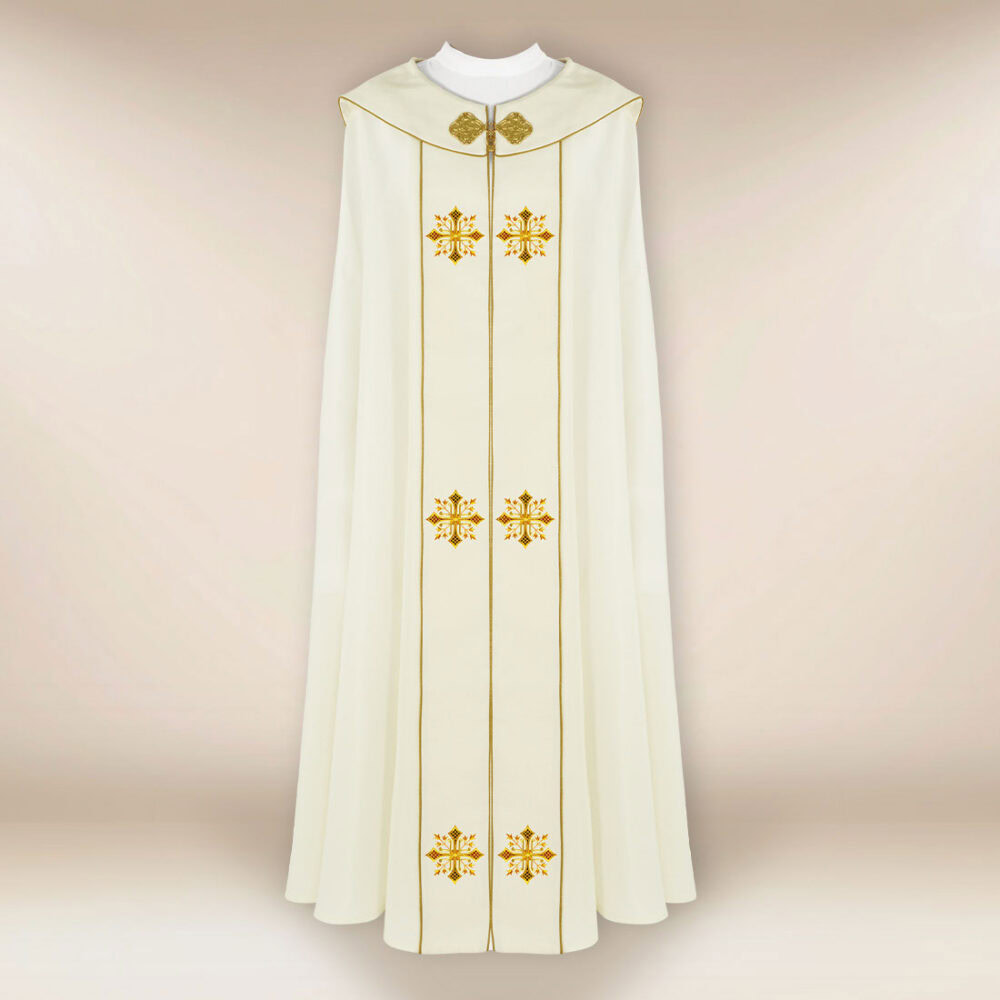 Capa pluvial bordada elegante con cruces bordadas