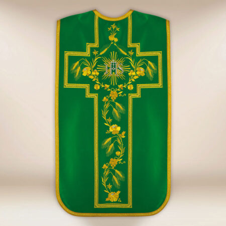 Casulla bordada romana IHS verde