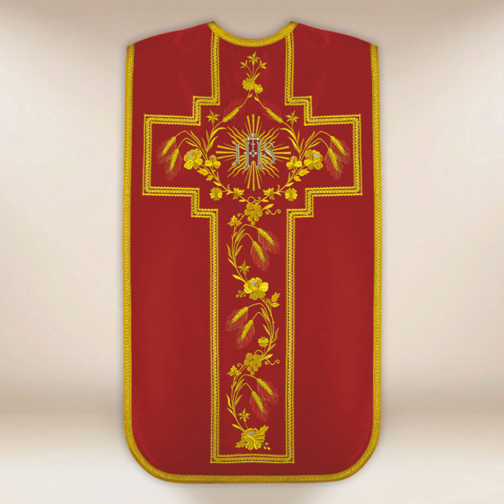 Casulla bordada romana IHS roja