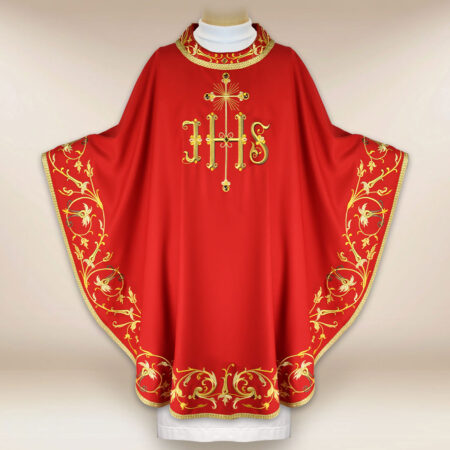 Casulla bordada IHS roja