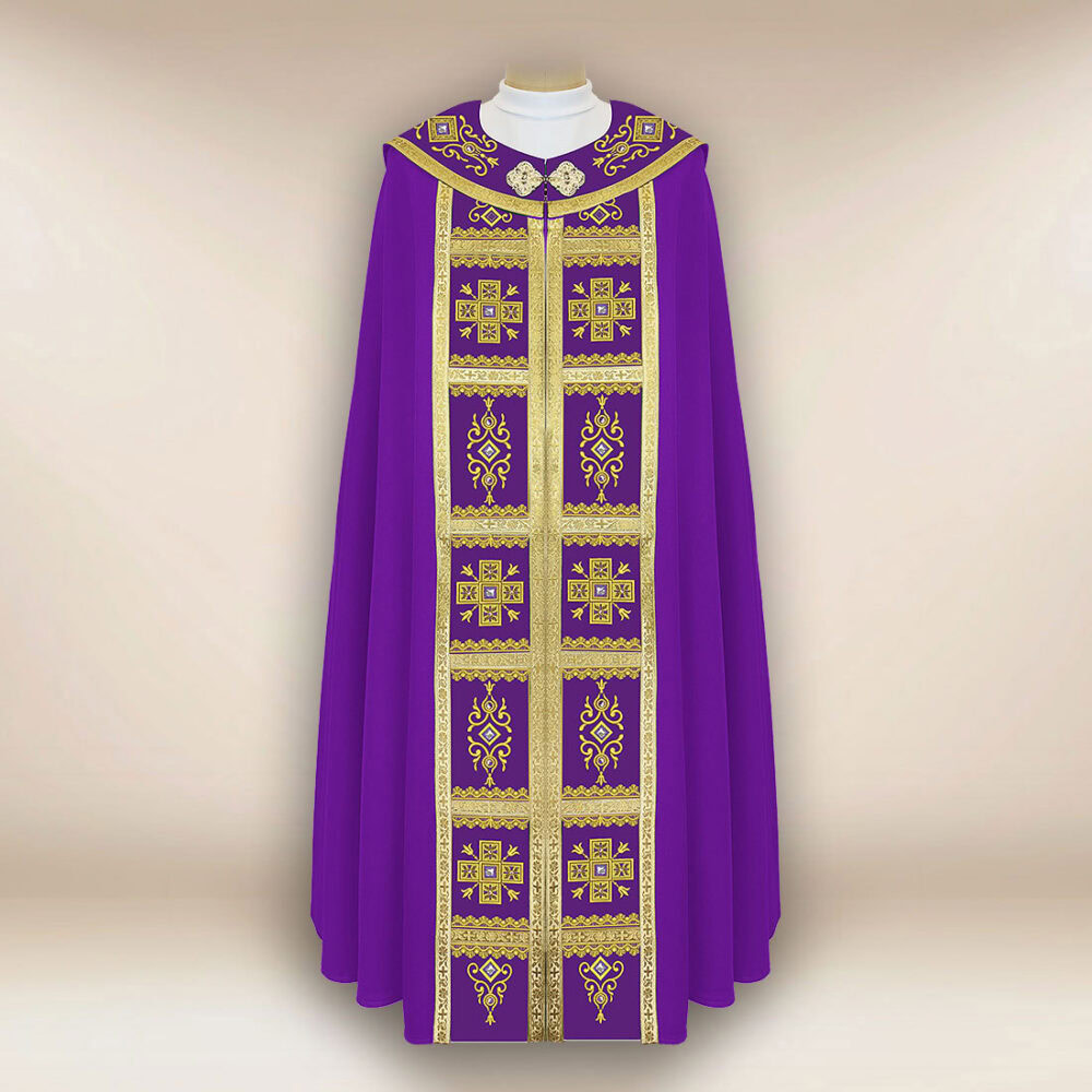 Capa pluvial morada bordada con cruces