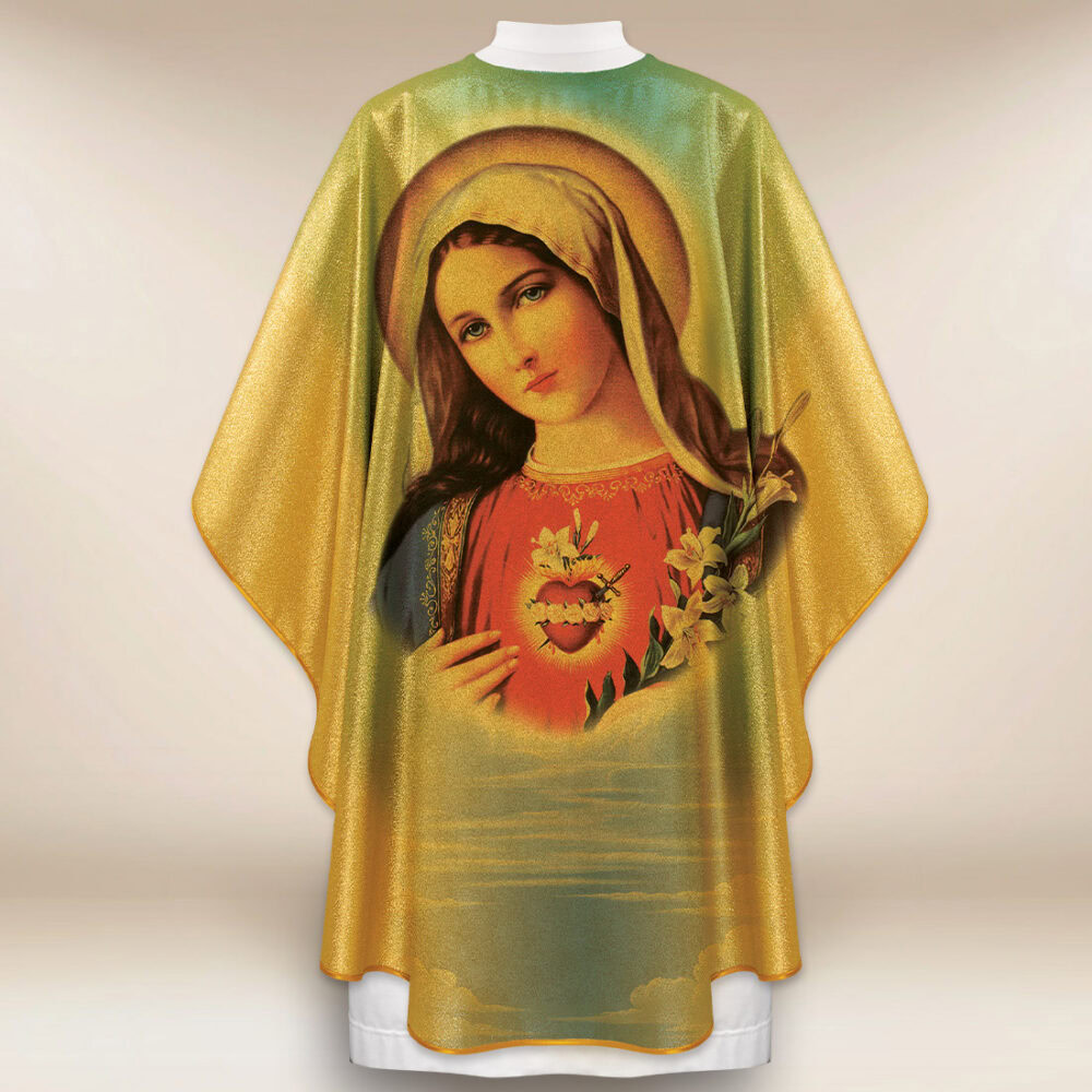 Casulla dorada con imagen Corazón de María