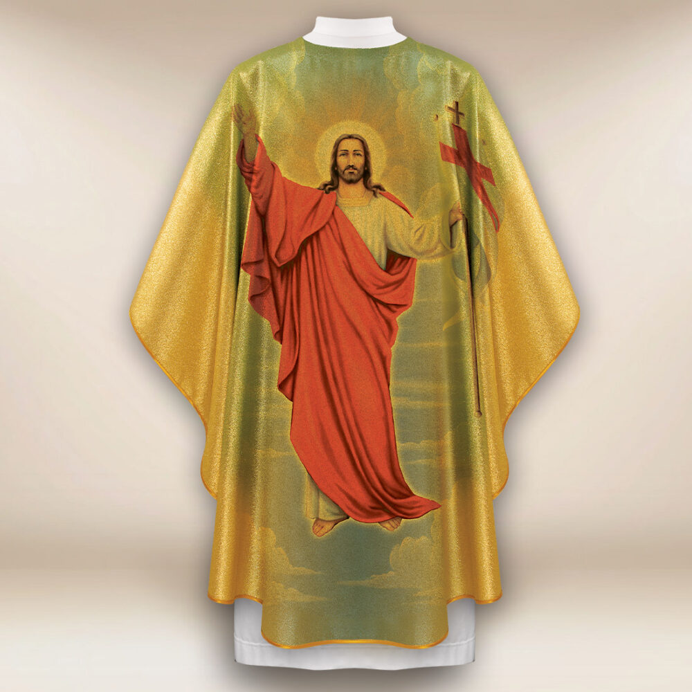 Casulla dorada con imagen Jesús Resucitado