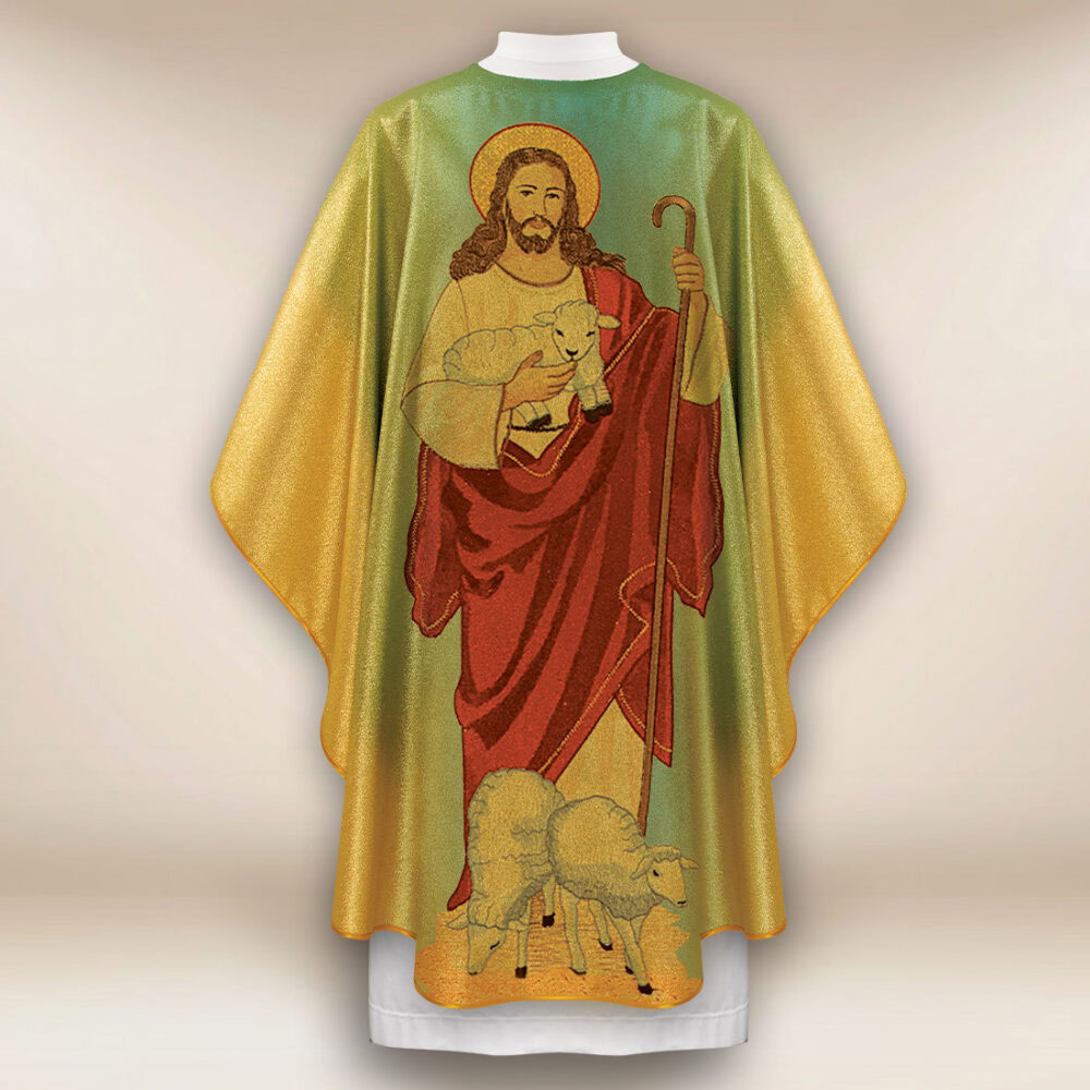 Casulla dorada con imagen del Buen Pastor