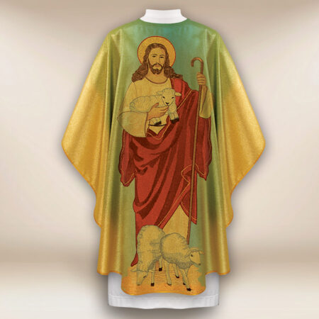 Casulla dorada con imagen del Buen Pastor