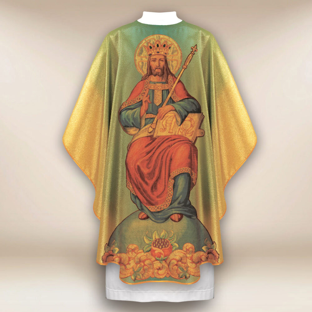 Casulla dorada con imagen de Cristo Rey