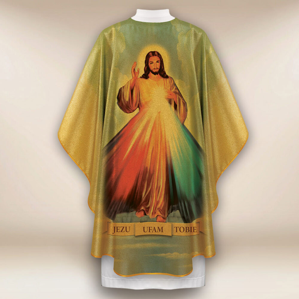 Casulla dorada con imagen de Jesús Misericordioso