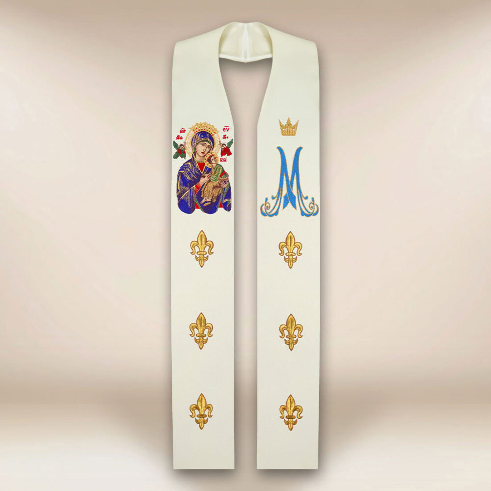 Estola bordada con la imagen de la Virgen María del Perpetuo Socorro