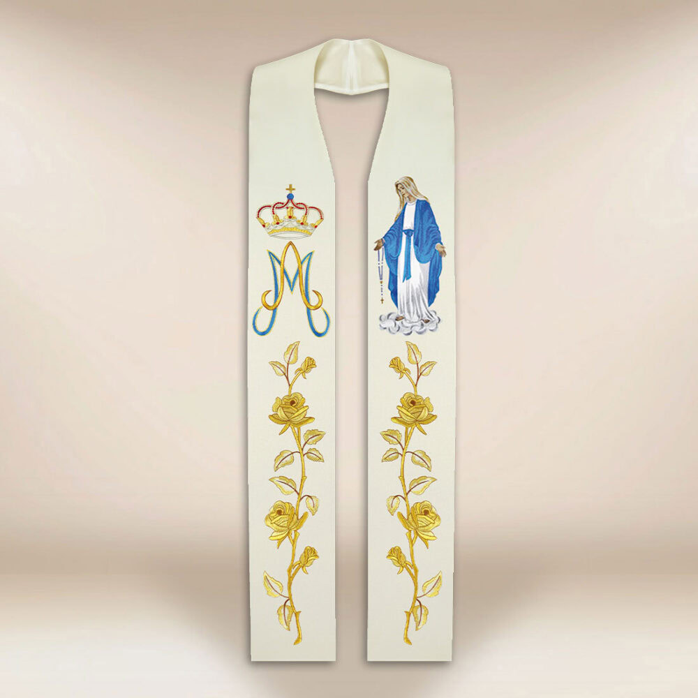 Estola bordada con la imagen de la Madre de Dios del Rosario