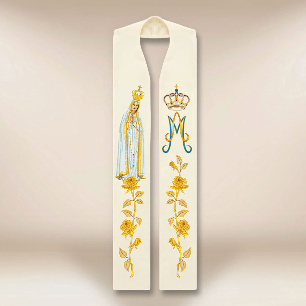 Estola bordada con la imagen de Nuestra Señora de Fátima