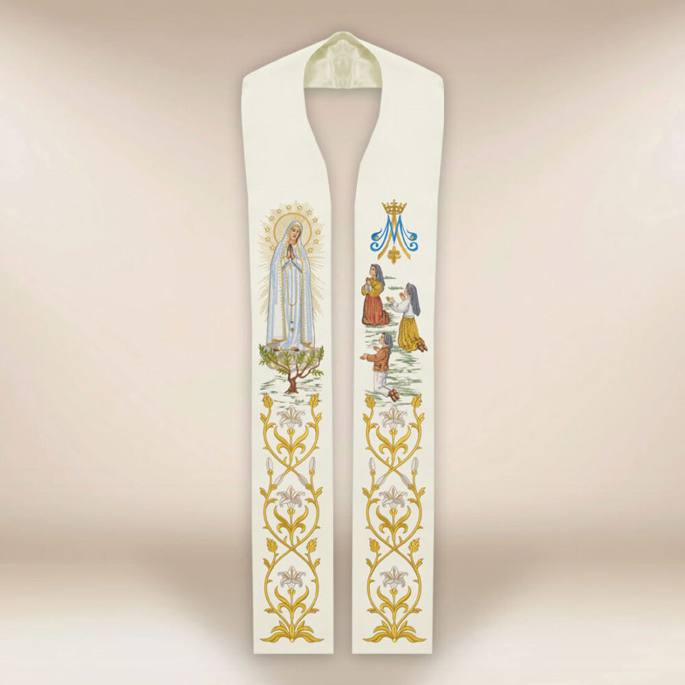 Estola bordada con la imagen de Nuestra Señora de Fátima