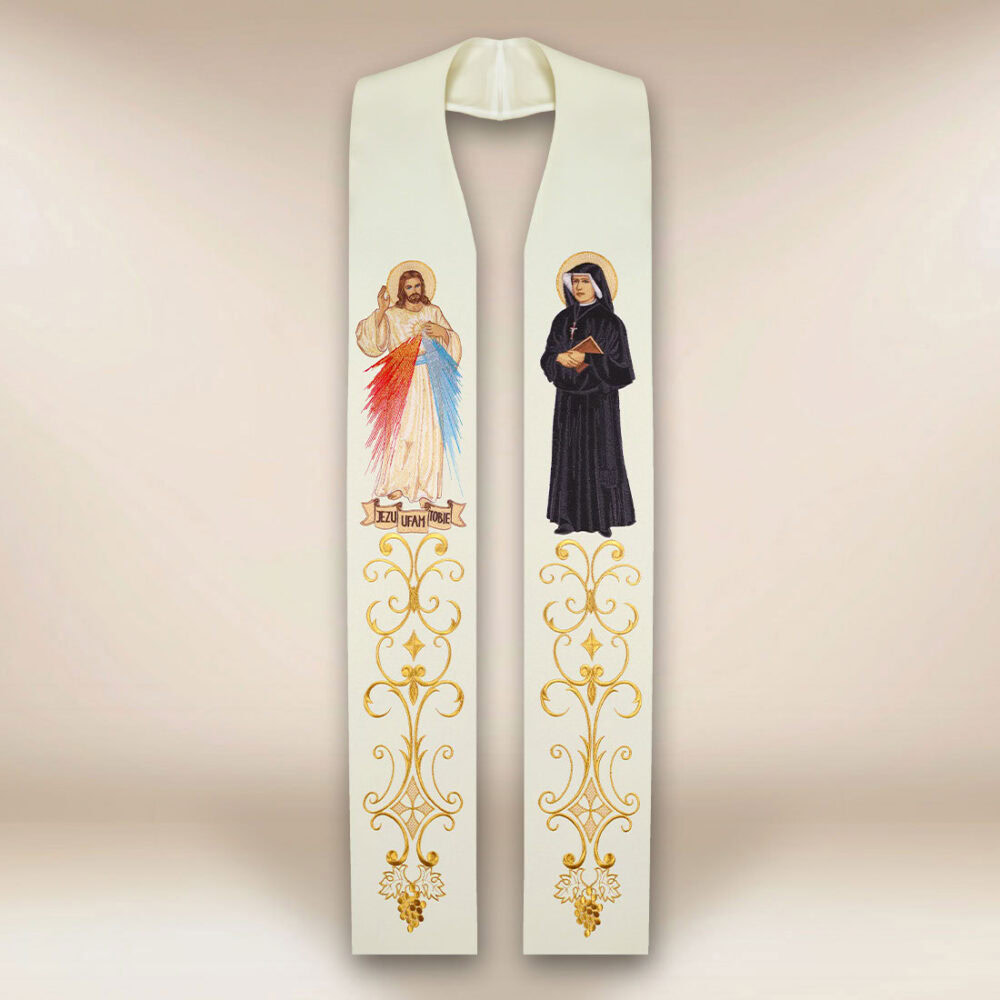 Estola bordada con la imagen de Jesús Misericordioso y San Faustino