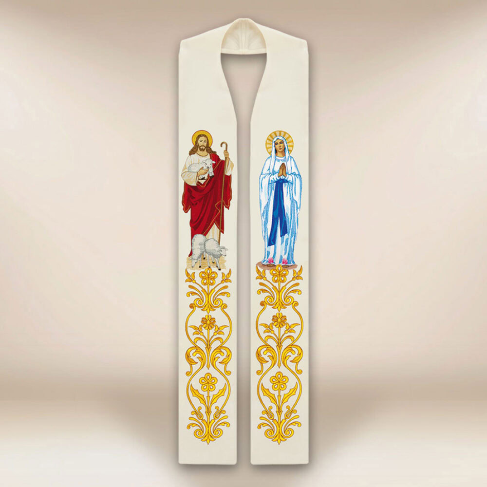 Estola bordada con la imagen de Jesús Buen Pastor y Madre de Dios