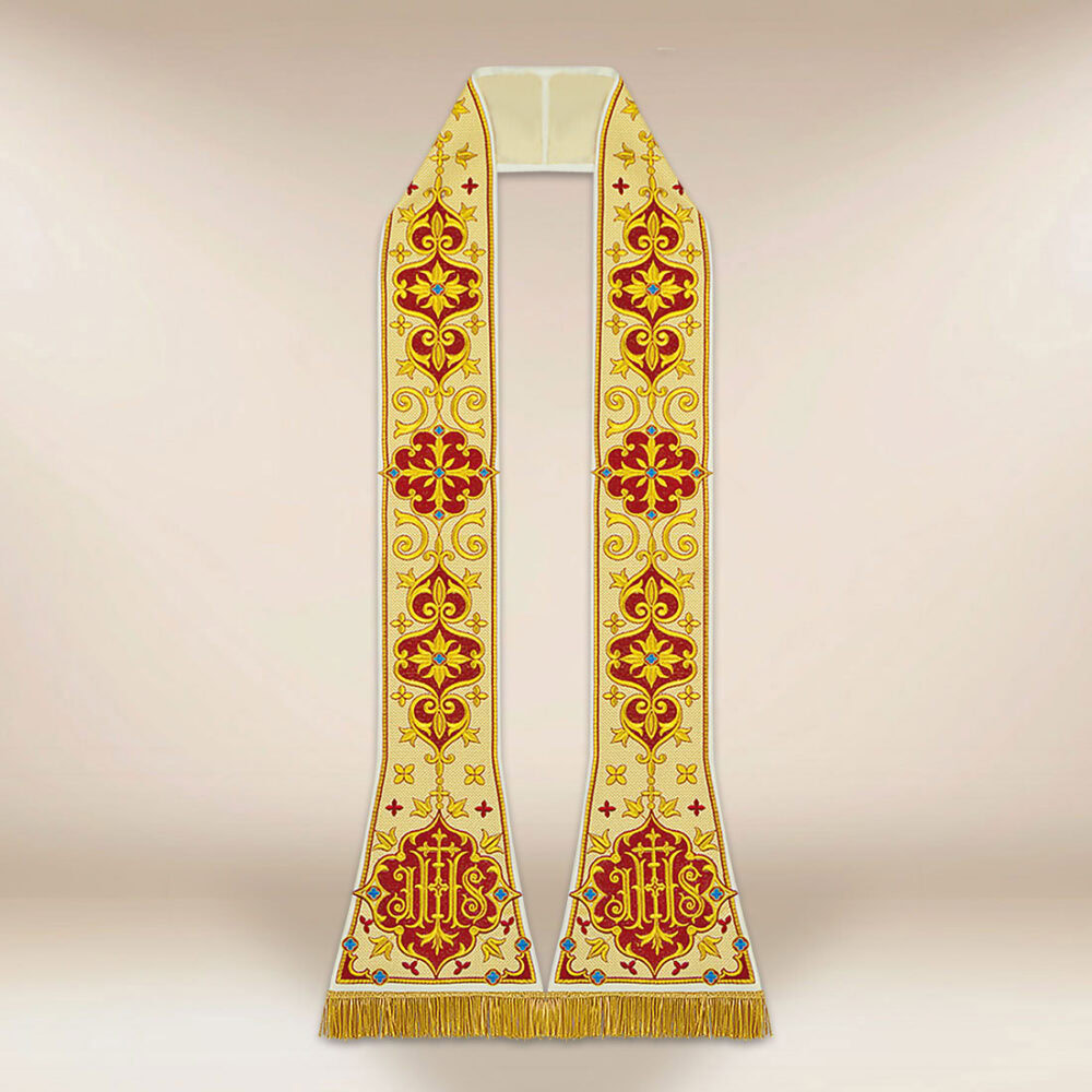 Estola romana bordada con el síVirgen Maríaolo IHS