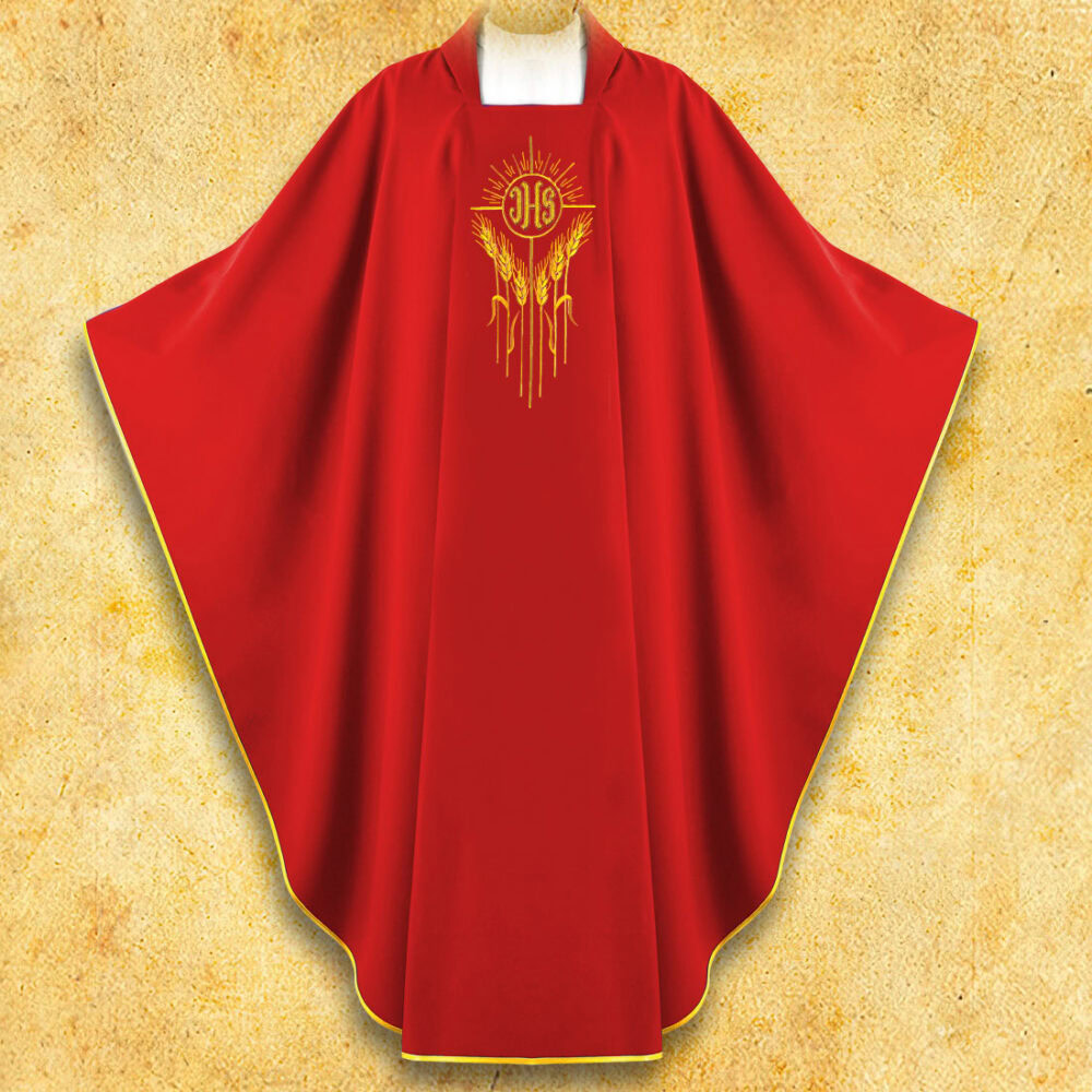 Casulla bordada IHS con Espigas rojas
