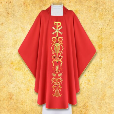 Casulla litúrgica con motivo PX en rojo