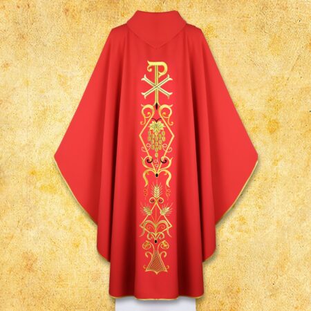 Casulla litúrgica con motivo PX en rojo