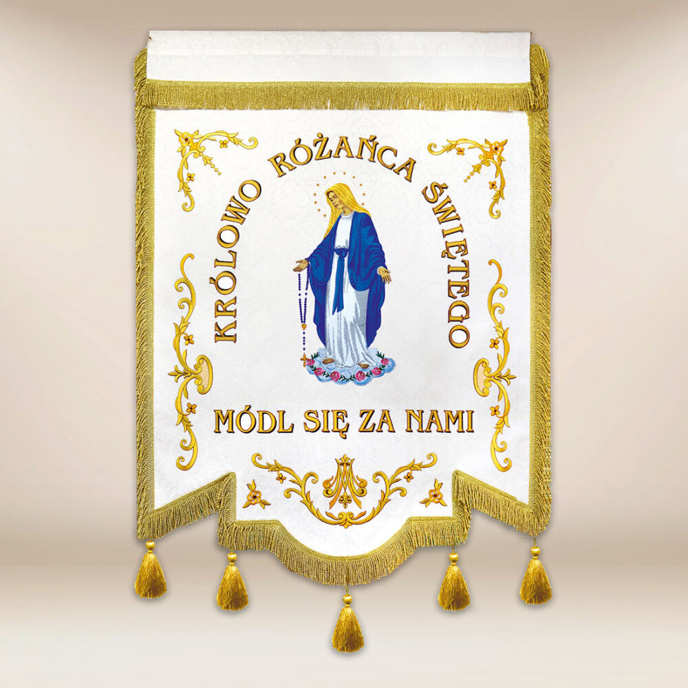 Bandera bordada "Reina del Rosario" con inscripción personalizada