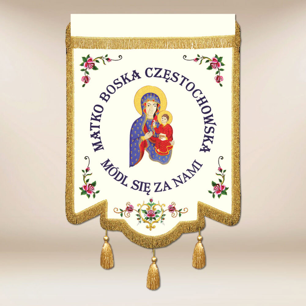 Bandera bordada con la imagen de La Madre de Dios de Częstochowa