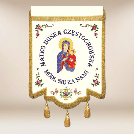 Bandera bordada con la imagen de La Madre de Dios de Częstochowa