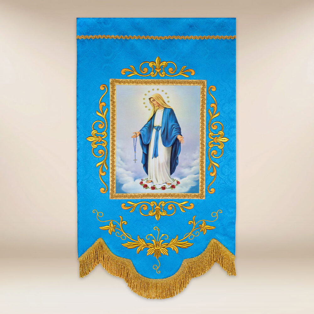 Mini bandera con la imagen de Madre de Dios del Rosario