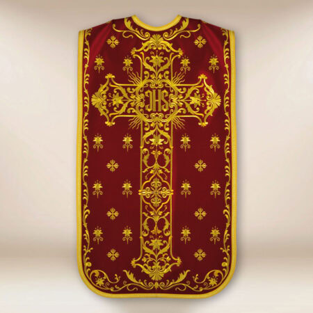 Casulla romana bordada con IHS burdeos