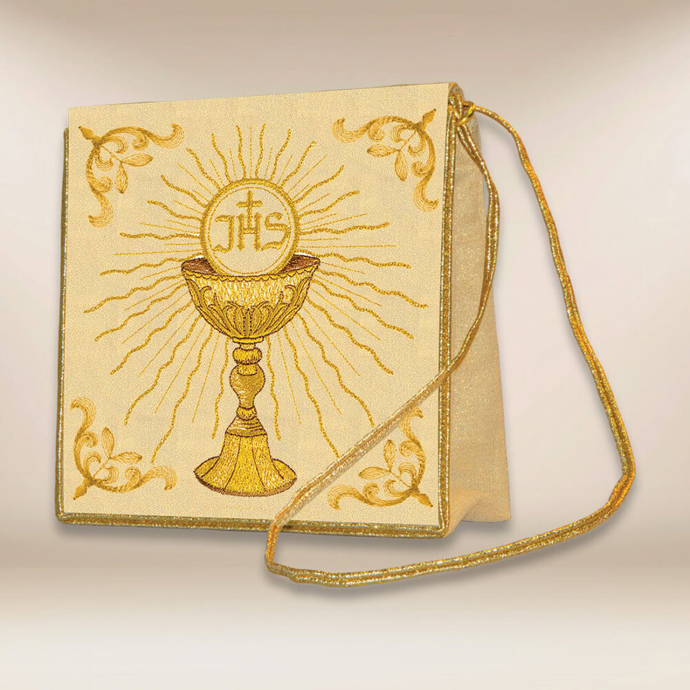 Bolsa para corporales bordada bordada con el motivo del Cáliz