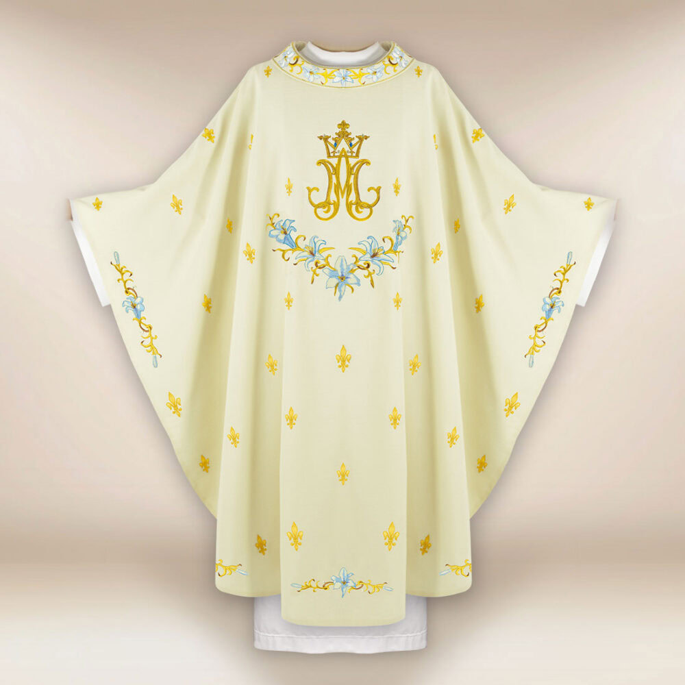 Casulla litúrgica mariana en color ecru