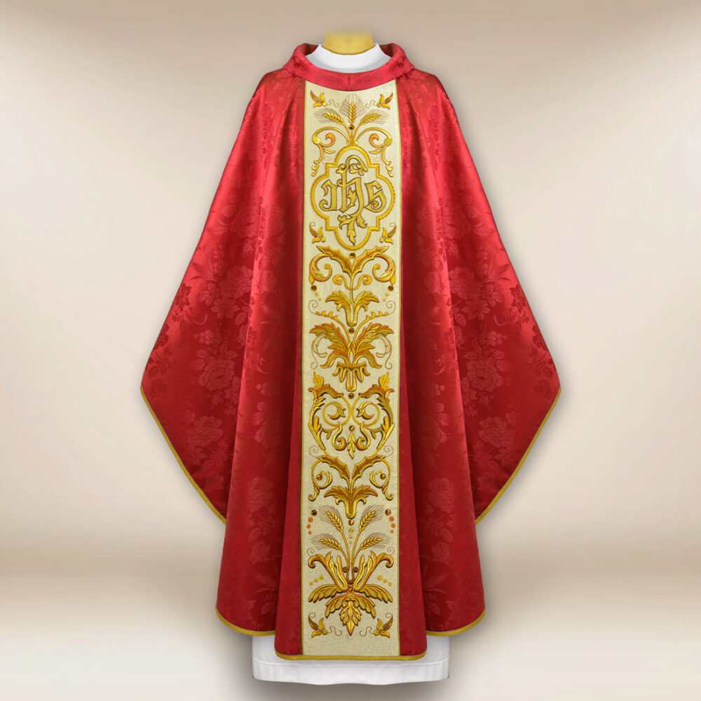 Casulla bordada IHS roja