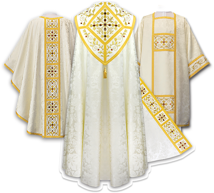 Casulla bordada Massimo Bianco con ornamentación dorada elegante
