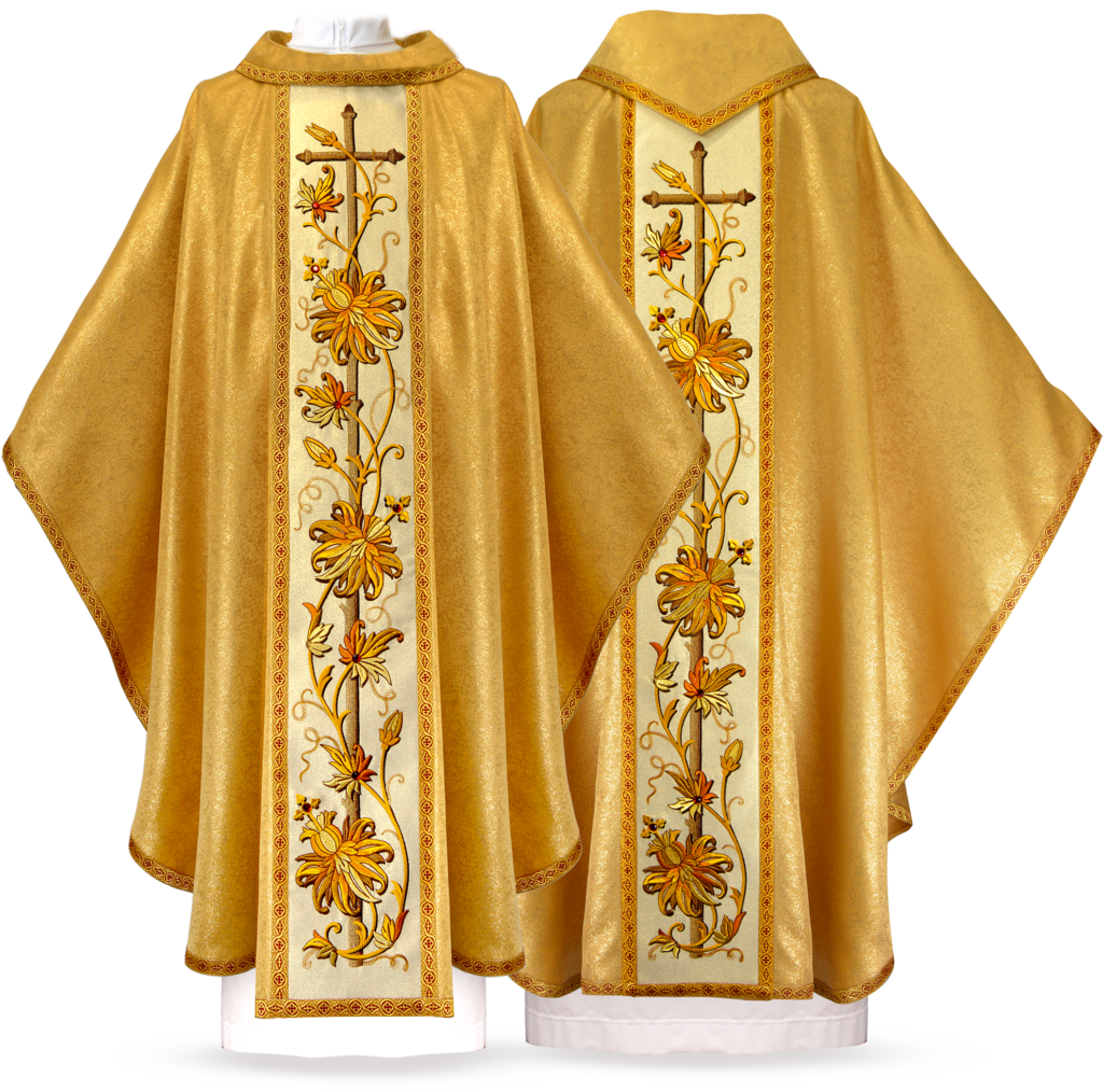 Casulla bordada Classico Gold vista frontal y posterior de la colección de vestiduras litúrgicas