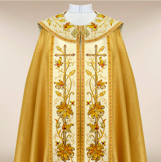 Casulla bordada Classico Gold con elegantes motivos florales y cruces litúrgicas