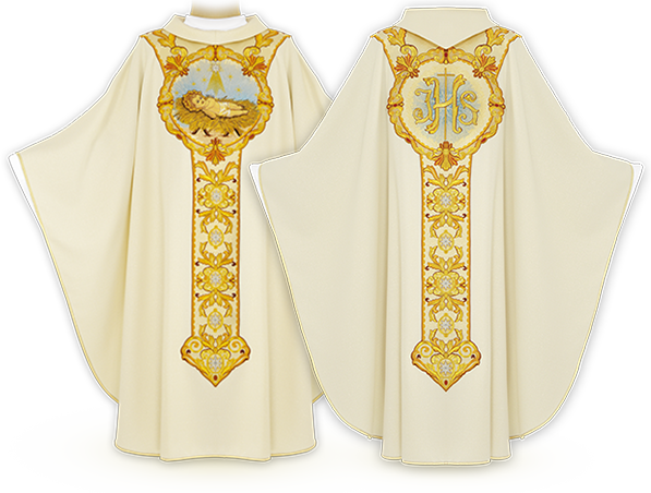 Casulla bordada Ignis Sanctus con simbolismo del Espíritu Santo