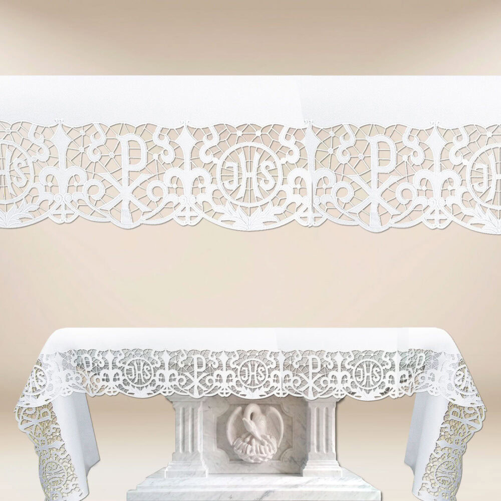 Mantel bordado con motivo IHS en blanco