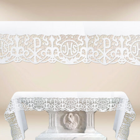 Mantel bordado con motivo IHS en blanco