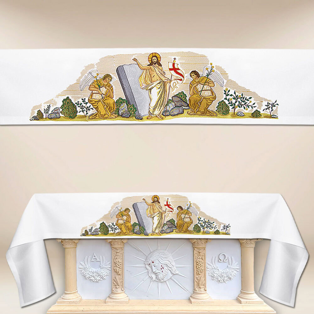 Mantel de altar con bordado de la Resurrección de Cristo