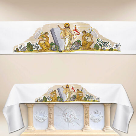 Mantel de altar con bordado de la Resurrección de Cristo