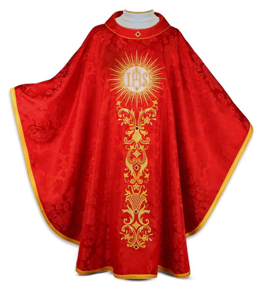 Casulla bordada Ignis Sanctus con simbolismo del Espíritu Santo