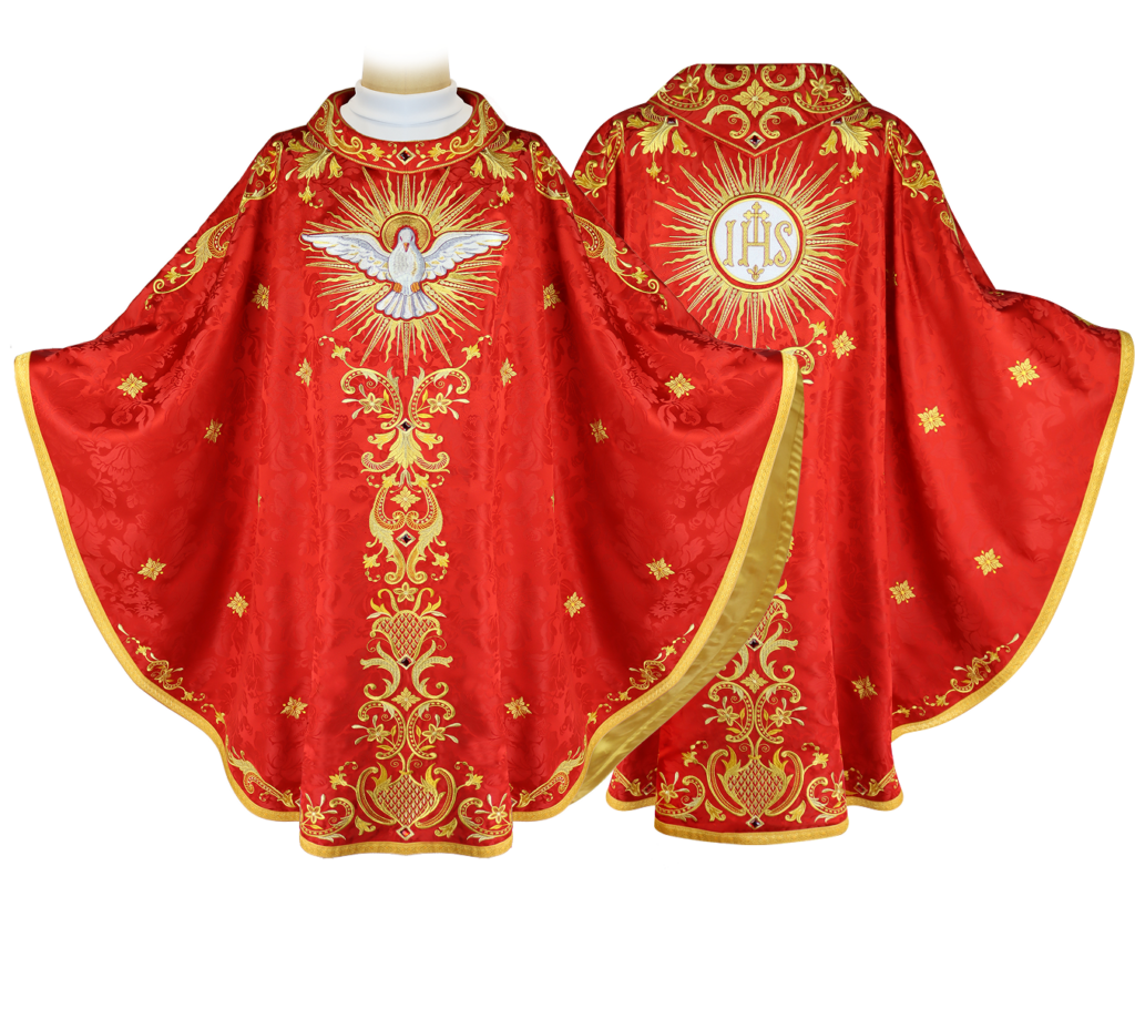 Casulla roja bordada premium con detalles litúrgicos clásicos
